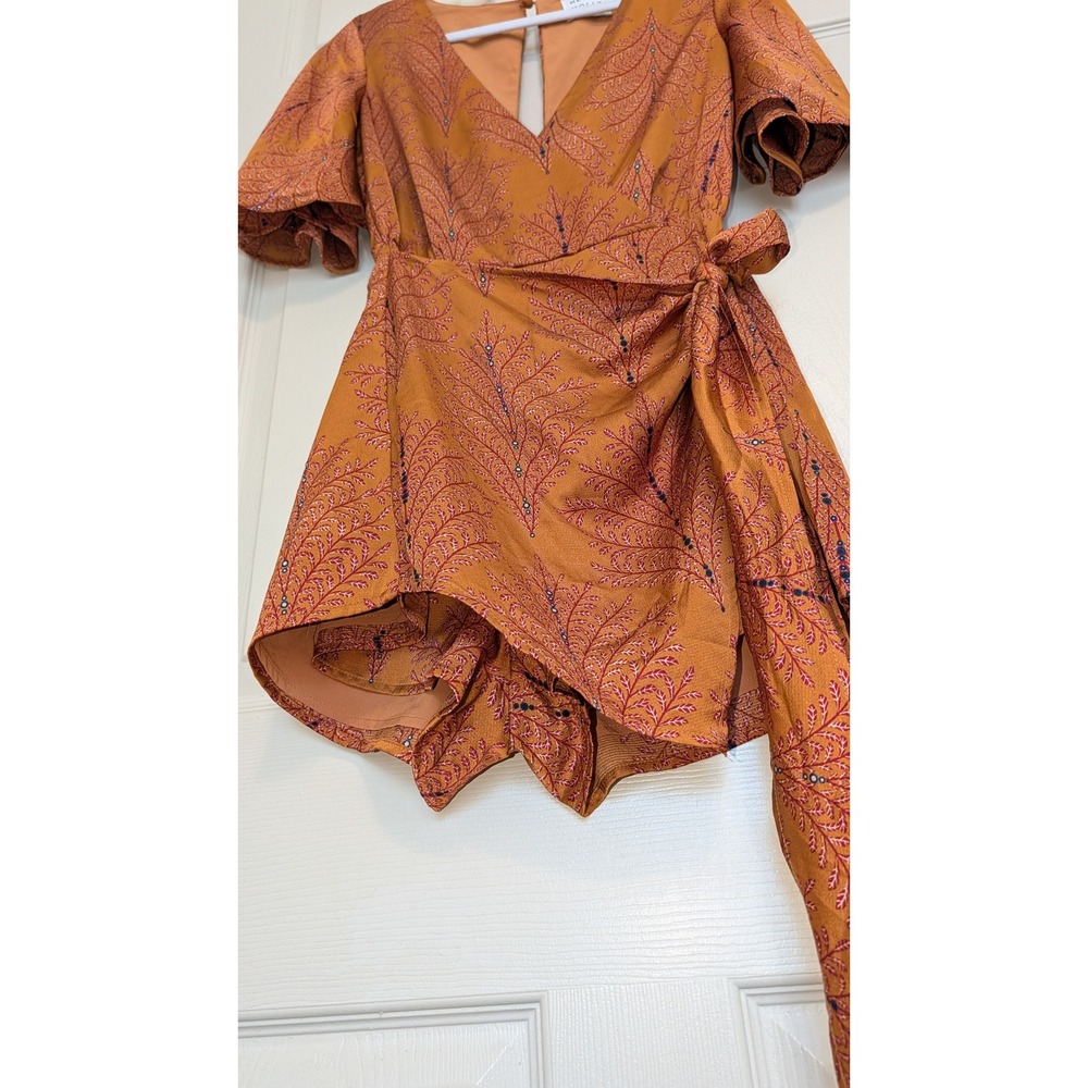 Hello Molly Burnt Orange Botanical Print Wrap Romper Flutter Sleeve Size 4 - Picture 4 of 6